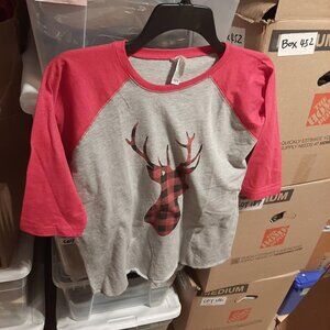 NEW ! Youth Live & Tell Plaid Deer Stag Head Raglan Baseball TShirt Gray/Red SzL